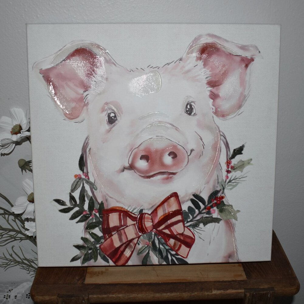 Country Farmhouse Christmas Holiday Piglet Pig Animal Canvas Wall Art Decor